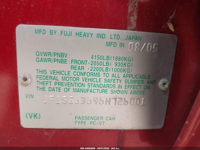 2006 Subaru Forester 2.5x მანქანა იყიდება აუქციონზე, vin: JF1SG63646H726001, აუქციონის ნომერი: 44994800