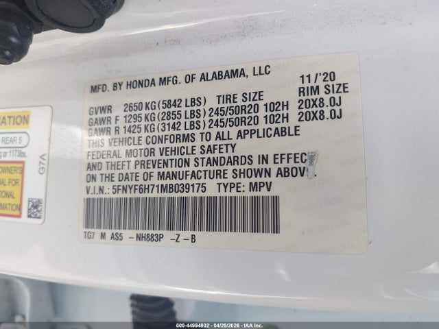 2021 Honda Pilot Awd Black Edition მანქანა იყიდება აუქციონზე, vin: 5FNYF6H71MB039175, აუქციონის ნომერი: 44994802