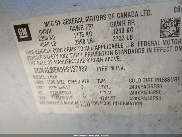 Aukcja sprzedaży 2015 Chevrolet Equinox 1lt, vin: 2GNALBEK5F6137430, numer aukcji: 44994803