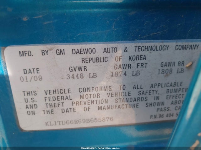 44994807 :رقم المزاد ، KL1TD66E69B655876 vin ، 2009 Chevrolet Aveo Lt مزاد بيع