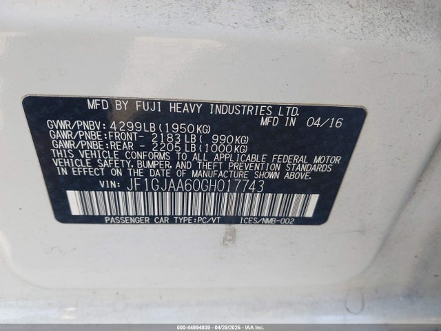 Продаж на аукціоні авто 2016 Subaru Impreza 2.0i, vin: JF1GJAA60GH017743, номер лоту: 44994809