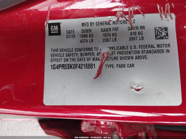 Продаж на аукціоні авто 2015 Buick Verano Convenience Group, vin: 1G4PR5SK0F4216881, номер лоту: 44994820