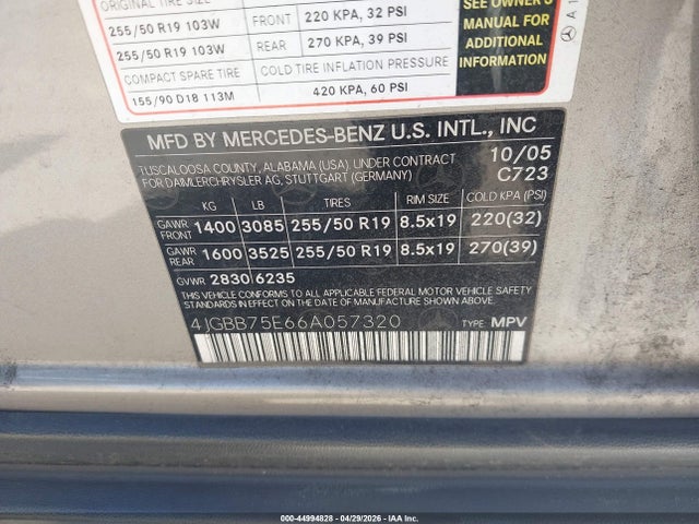 2006 Mercedes-benz Ml 500 4matic მანქანა იყიდება აუქციონზე, vin: 4JGBB75E66A057320, აუქციონის ნომერი: 44994828