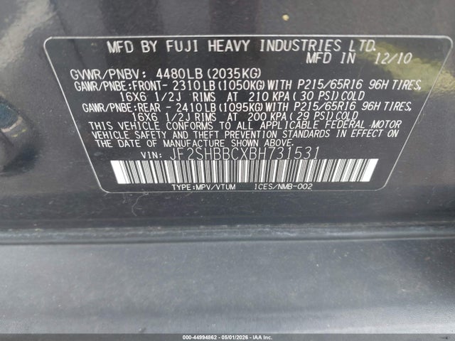 2011 Subaru Forester 2.5x მანქანა იყიდება აუქციონზე, vin: JF2SHBBCXBH731531, აუქციონის ნომერი: 44994862