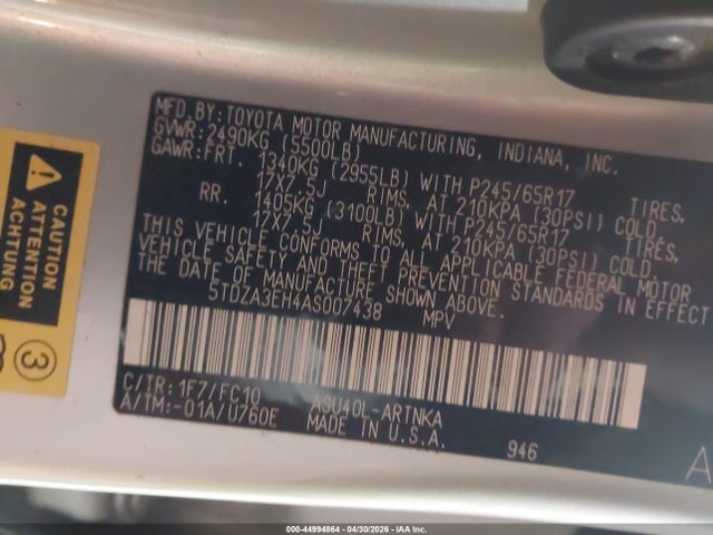 Aukcja sprzedaży 2010 Toyota Highlander, vin: 5TDZA3EH4AS007438, numer aukcji: 44994864