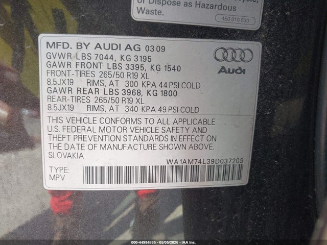 Aukcja sprzedaży 2009 Audi Q7 3.0 Tdi, vin: WA1AM74L39D037209, numer aukcji: 44994865