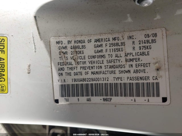 2009 Acura Tl 3.5 მანქანა იყიდება აუქციონზე, vin: 19UUA86229A001312, აუქციონის ნომერი: 44994867