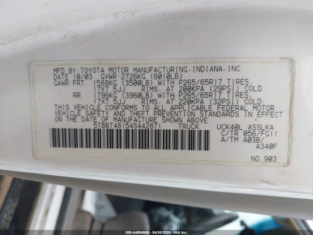 Продажа на аукционе авто 2004 Toyota Tundra Limited V8, vin: 5TBBT48154S442871, номер лота: 44994869