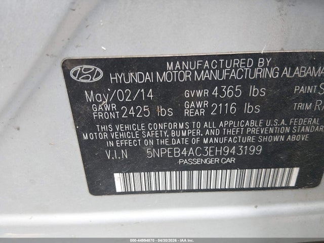 2014 Hyundai Sonata Gls მანქანა იყიდება აუქციონზე, vin: 5NPEB4AC3EH943199, აუქციონის ნომერი: 44994870