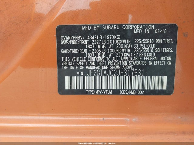Aukcja sprzedaży 2018 Subaru Crosstrek 2.0i Limited, vin: JF2GTAJC2JH317531, numer aukcji: 44994874