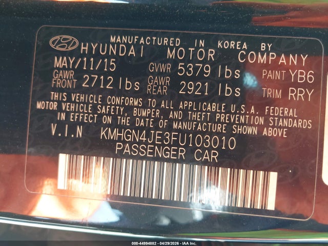 Продаж на аукціоні авто 2015 Hyundai Genesis 3.8, vin: KMHGN4JE3FU103010, номер лоту: 44994882
