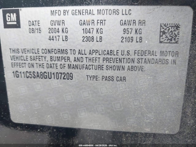 2016 Chevrolet Malibu Limited Lt მანქანა იყიდება აუქციონზე, vin: 1G11C5SA8GU107209, აუქციონის ნომერი: 44994888