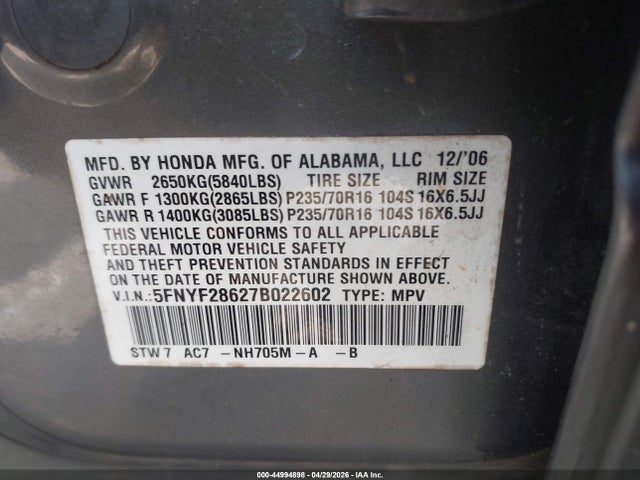 44994898 :رقم المزاد ، 5FNYF28627B022602 vin ، 2007 Honda Pilot Ex-l مزاد بيع