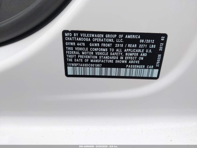 Aukcja sprzedaży 2013 Volkswagen Passat 2.5l Se, vin: 1VWBP7A33DC001957, numer aukcji: 44994899