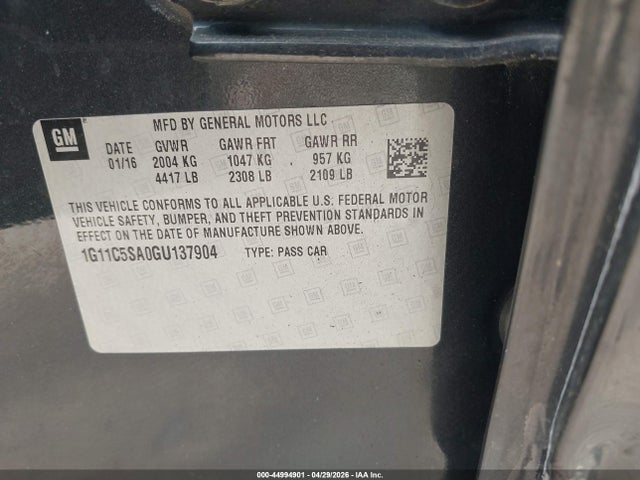 Aukcja sprzedaży 2016 Chevrolet Malibu Limited Lt, vin: 1G11C5SA0GU137904, numer aukcji: 44994901