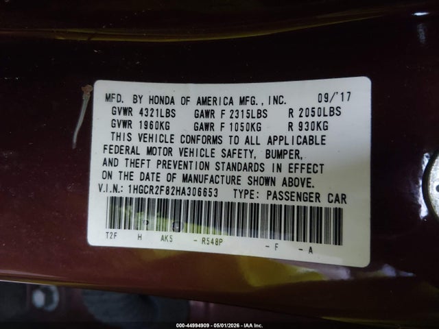 44994909 :رقم المزاد ، 1HGCR2F82HA306653 vin ، 2017 Honda Accord Ex-l مزاد بيع