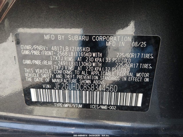 44994914 :رقم المزاد ، JF2GUHDC8S8344560 vin ، 2025 Subaru Crosstrek Premium مزاد بيع