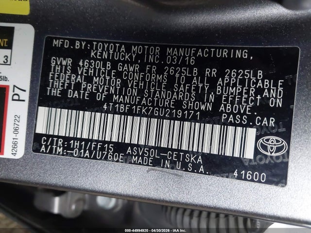 44994920 :رقم المزاد ، 4T1BF1FK7GU219171 vin ، 2016 Toyota Camry Se مزاد بيع