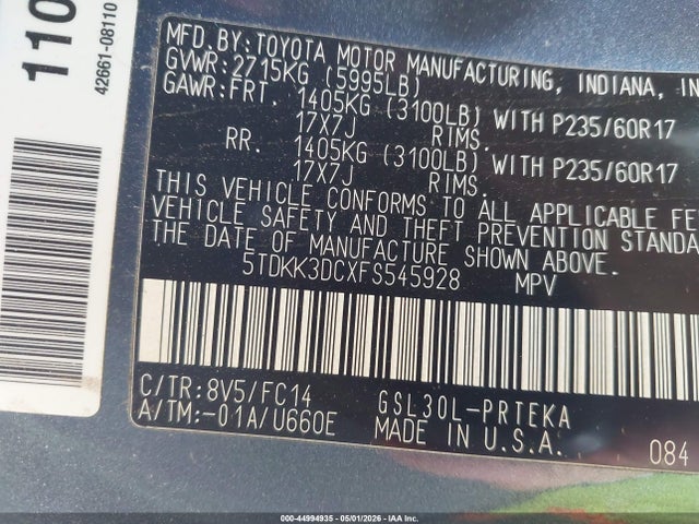 Продаж на аукціоні авто 2015 Toyota Sienna Le 8 Passenger, vin: 5TDKK3DCXFS545928, номер лоту: 44994935