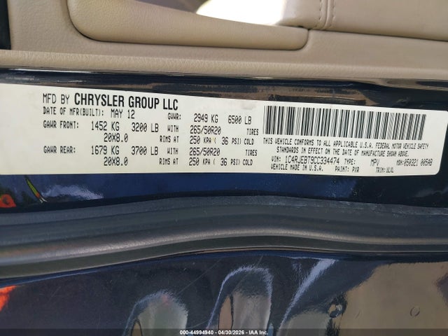 Продажа на аукционе авто 2012 Jeep Grand Cherokee Limited, vin: 1C4RJEBT9CC334474, номер лота: 44994940