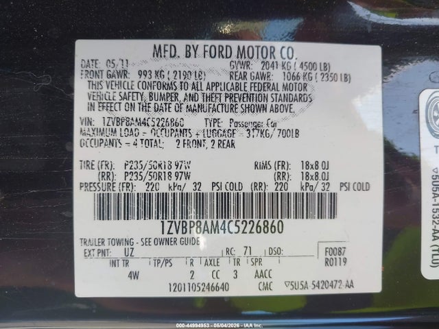 Продажа на аукционе авто 2012 Ford Mustang V6 Premium, vin: 1ZVBP8AM4C5226860, номер лота: 44994953