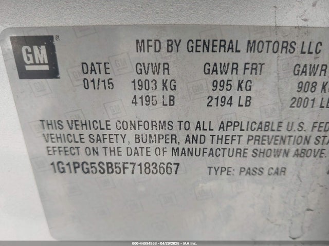 Aukcja sprzedaży 2015 Chevrolet Cruze Ltz, vin: 1G1PG5SB5F7183667, numer aukcji: 44994958