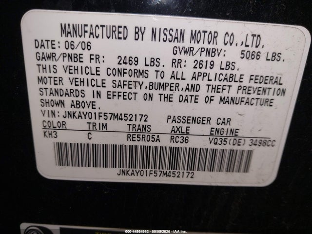 Aukcja sprzedaży 2007 Infiniti M35x, vin: JNKAY01F57M452172, numer aukcji: 44994962
