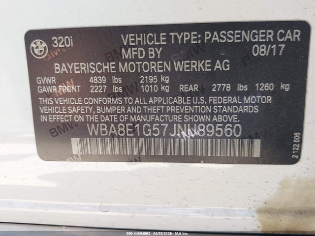 2018 Bmw 320i მანქანა იყიდება აუქციონზე, vin: WBA8E1G57JNU89560, აუქციონის ნომერი: 44994963