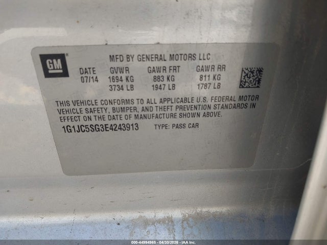 44994965 :رقم المزاد ، 1G1JC5SG3E4243913 vin ، 2014 Chevrolet Sonic Lt Auto مزاد بيع