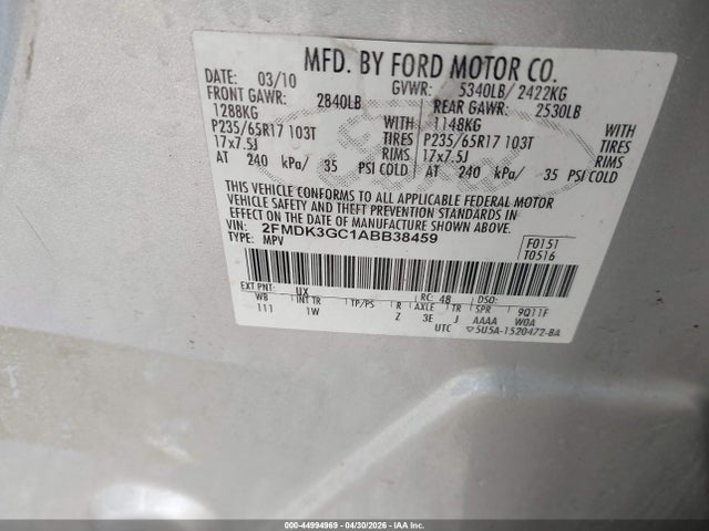 2010 Ford Edge Se მანქანა იყიდება აუქციონზე, vin: 2FMDK3GC1ABB38459, აუქციონის ნომერი: 44994969