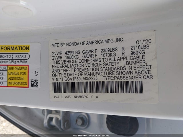 2020 Honda Accord Ex-l მანქანა იყიდება აუქციონზე, vin: 1HGCV1F50LA052235, აუქციონის ნომერი: 44994974