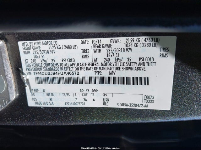 Продажа на аукционе авто 2015 Ford Escape Titanium, vin: 1FMCU0J94FUA46572, номер лота: 44994993