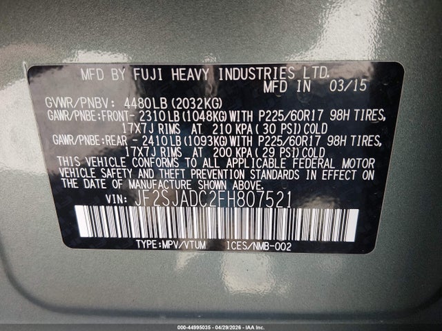 Продаж на аукціоні авто 2015 Subaru Forester 2.5i Premium, vin: JF2SJADC2FH807521, номер лоту: 44995035