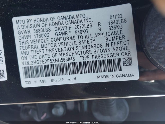 44995047 :رقم المزاد ، 2HGFE2F5XNH563846 vin ، 2022 Honda Civic Sport مزاد بيع