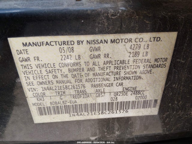 Продаж на аукціоні авто 2008 Nissan Altima 2.5 S, vin: 1N4AL21E58C261576, номер лоту: 44995058