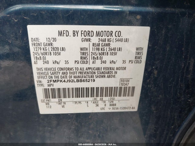 Продаж на аукціоні авто 2020 Ford Edge Sel, vin: 2FMPK4J92LBB65219, номер лоту: 44995064