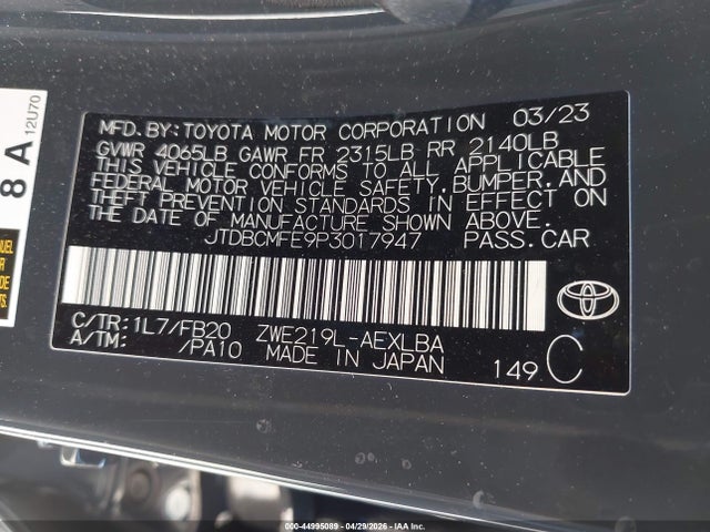 Aukcja sprzedaży 2023 Toyota Corolla Hybrid Le, vin: JTDBCMFE9P3017947, numer aukcji: 44995089