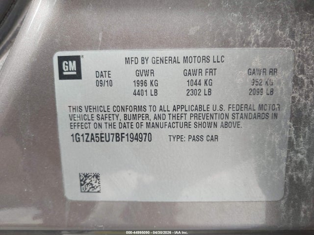 2011 Chevrolet Malibu Ls მანქანა იყიდება აუქციონზე, vin: 1G1ZA5EU7BF194970, აუქციონის ნომერი: 44995090