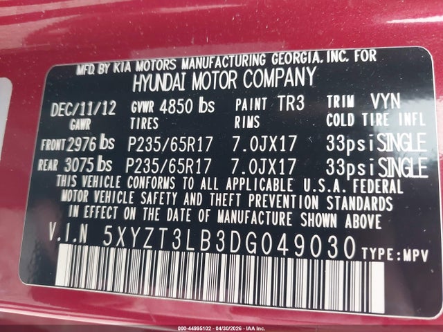 44995102 :رقم المزاد ، 5XYZT3LB3DG049030 vin ، 2013 Hyundai Santa Fe Sport مزاد بيع