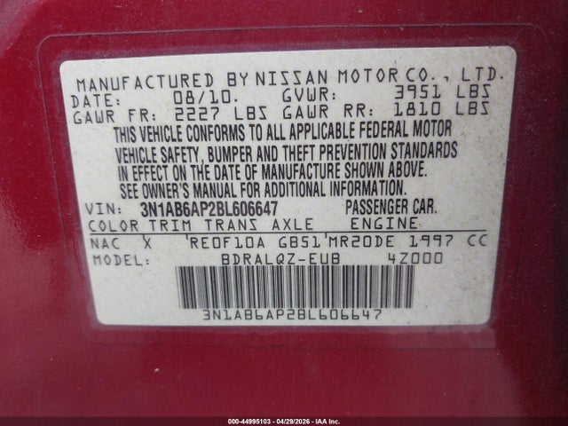 Aukcja sprzedaży 2011 Nissan Sentra 2.0, vin: 3N1AB6AP2BL606647, numer aukcji: 44995103