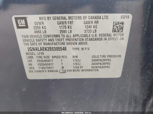 2014 Chevrolet Equinox Ls მანქანა იყიდება აუქციონზე, vin: 2GNALAEK2E6305548, აუქციონის ნომერი: 44995104