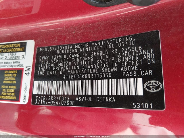 44995111 :رقم المزاد ، 4T4BF3EK8BR115056 vin ، 2011 Toyota Camry Le مزاد بيع