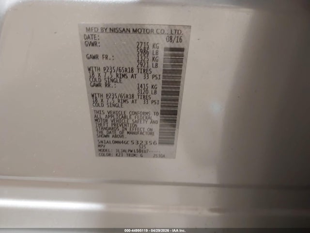 Aukcja sprzedaży 2016 Infiniti Qx60, vin: 5N1AL0MN4GC532356, numer aukcji: 44995119