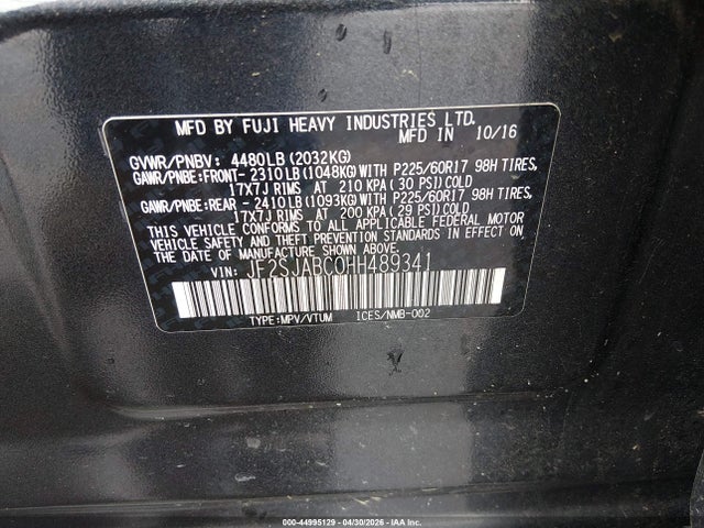 2017 Subaru Forester 2.5i მანქანა იყიდება აუქციონზე, vin: JF2SJABC0HH489341, აუქციონის ნომერი: 44995129