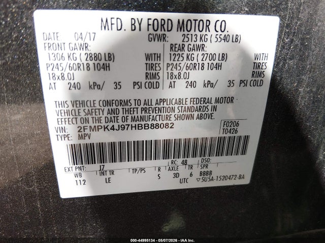 Aukcja sprzedaży 2017 Ford Edge Sel, vin: 2FMPK4J97HBB88082, numer aukcji: 44995134