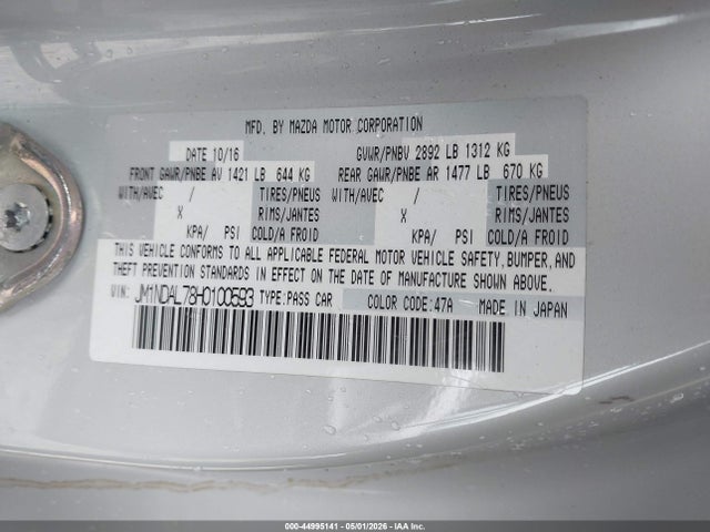 Aukcja sprzedaży 2017 Mazda Mx-5 Miata Rf Club, vin: JM1NDAL78H0100593, numer aukcji: 44995141
