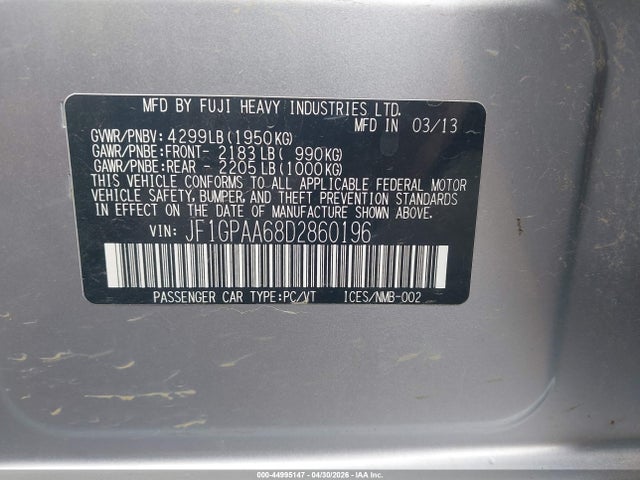 2013 Subaru Impreza Wagon 2.0i მანქანა იყიდება აუქციონზე, vin: JF1GPAA68D2860196, აუქციონის ნომერი: 44995147
