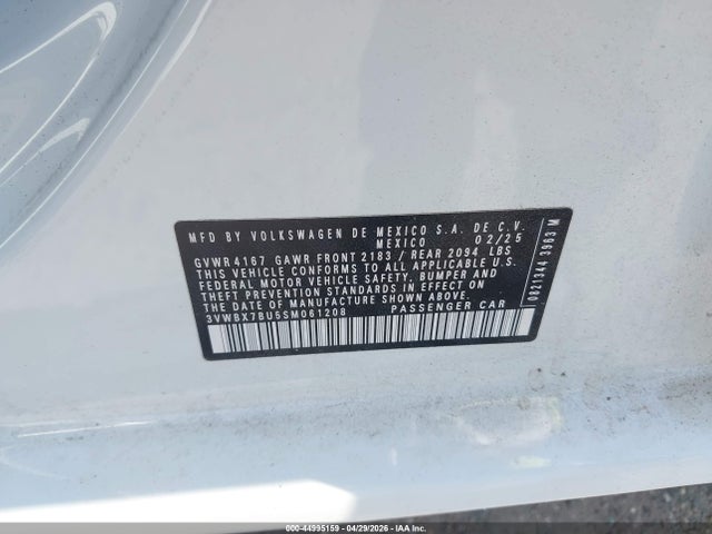 44995159 :رقم المزاد ، 3VWBX7BU5SM061208 vin ، 2025 Volkswagen Jetta 1.5t Sport مزاد بيع