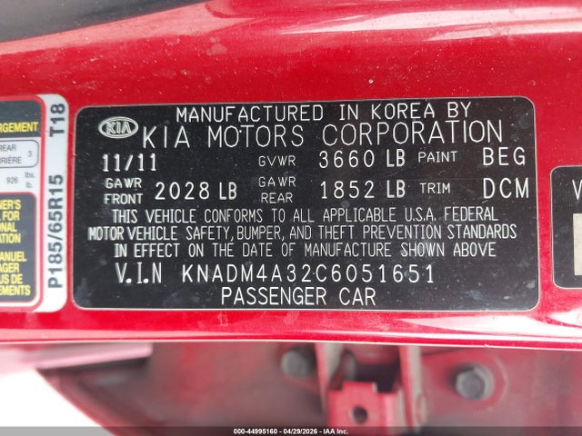 44995160 :رقم المزاد ، KNADM4A32C6051651 vin ، 2012 Kia Rio Lx مزاد بيع