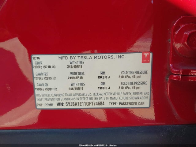 2016 Tesla Model S 60/70/75/85 მანქანა იყიდება აუქციონზე, vin: 5YJSA1E11GF174684, აუქციონის ნომერი: 44995164